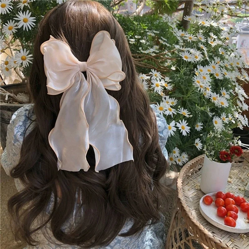 Neue Damen-Haarspange im französischen Stil, süß, rosa-lila, aus Chiffon, mit Schleife und Band, für Freundin, Pferdeschwanz-Clip, Haaraccessoire, Geschenk – Detail 9