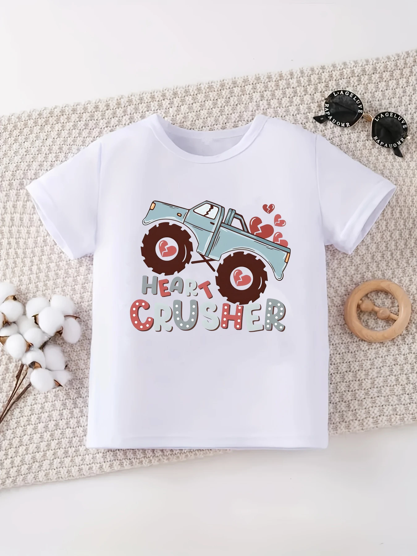 

Valentine'S Day Gift T-Shirt Heart Crusher Tractor Printed T Shirt Boy/girl Kawaii Kids Clothes Funny Summer Short Sleeve Shirt