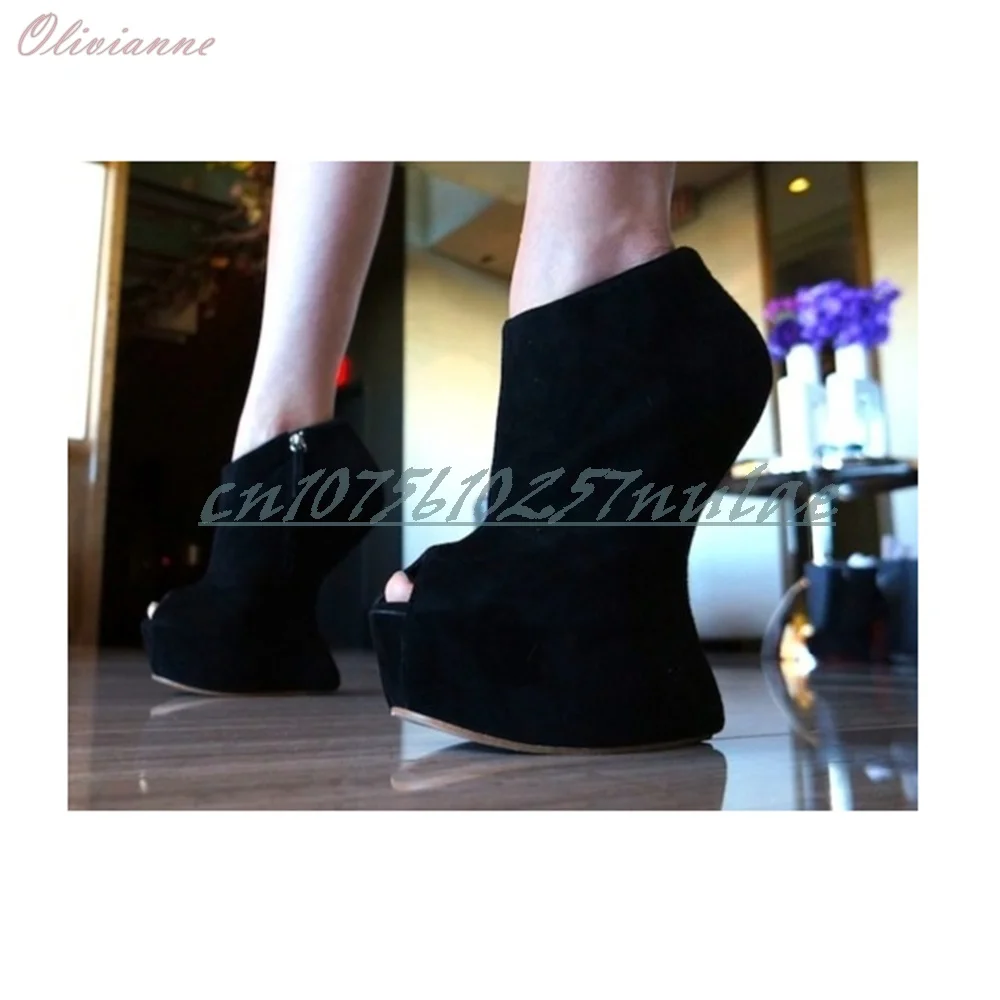 

Black Suede Peep Toe Sexy Pumps Strange Style High Heel Platform Side Zipper Party Fashion Women Shoes 2025 Summer Para Mujere