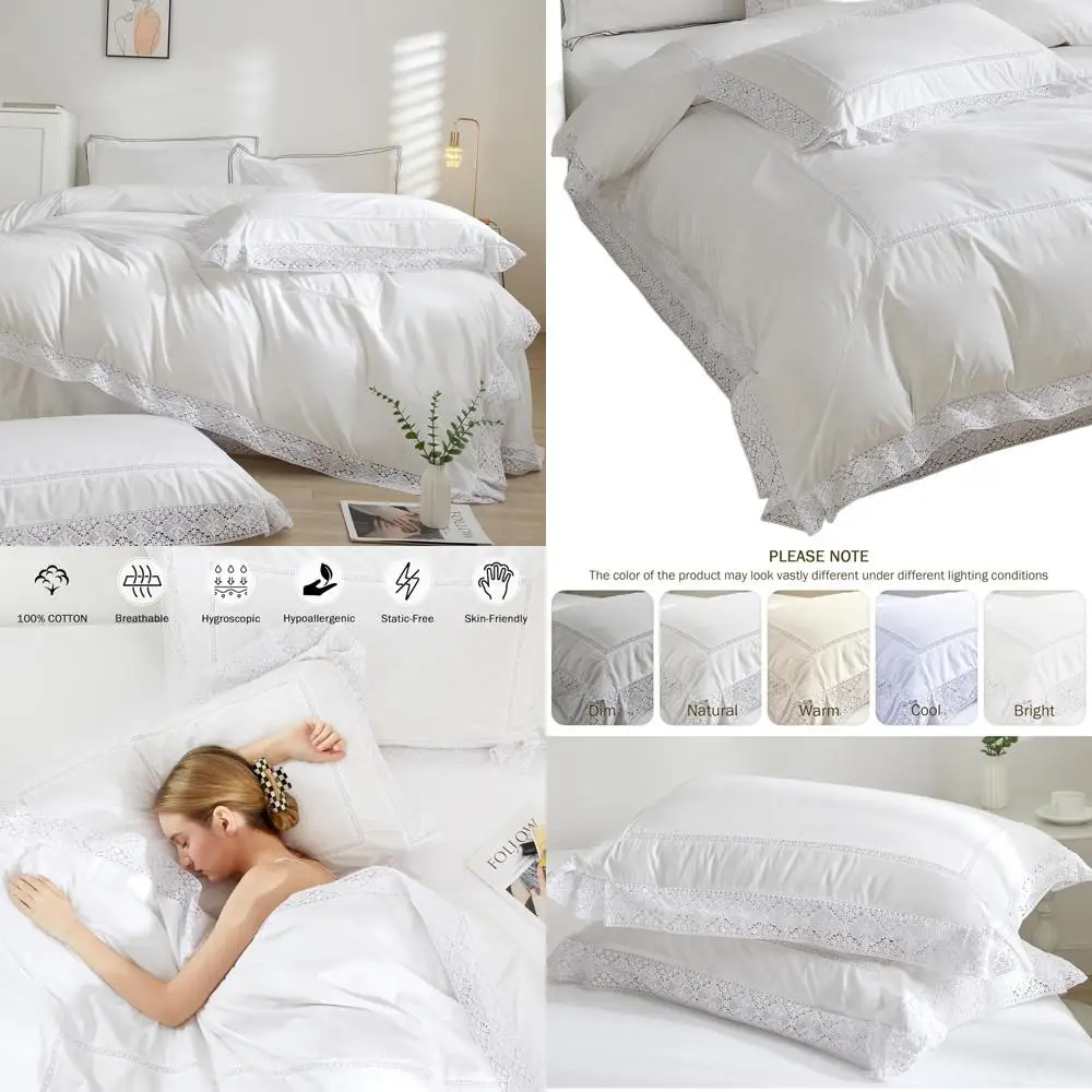 

Размер королевы, 100% хлопок, белый кружевной комплект пододеяльников с люверсами, постельное белье в стиле фермерского дома из 3 предметов, 90x90 дюймов