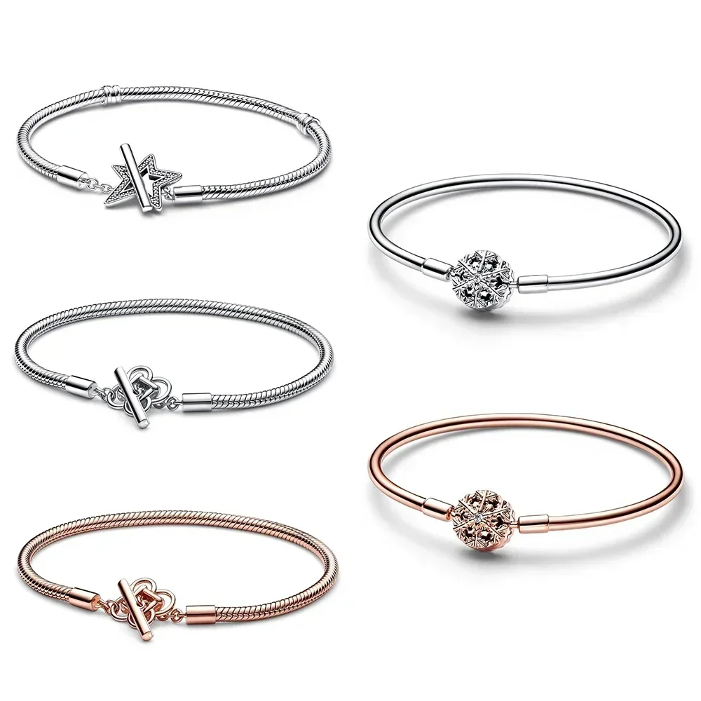 

New 925 Sterling Silver pretty Moments Asymmetric Star T-bar Snake Chain Bracelet Sparkling Snowflake Clasp Bangle For Gifts