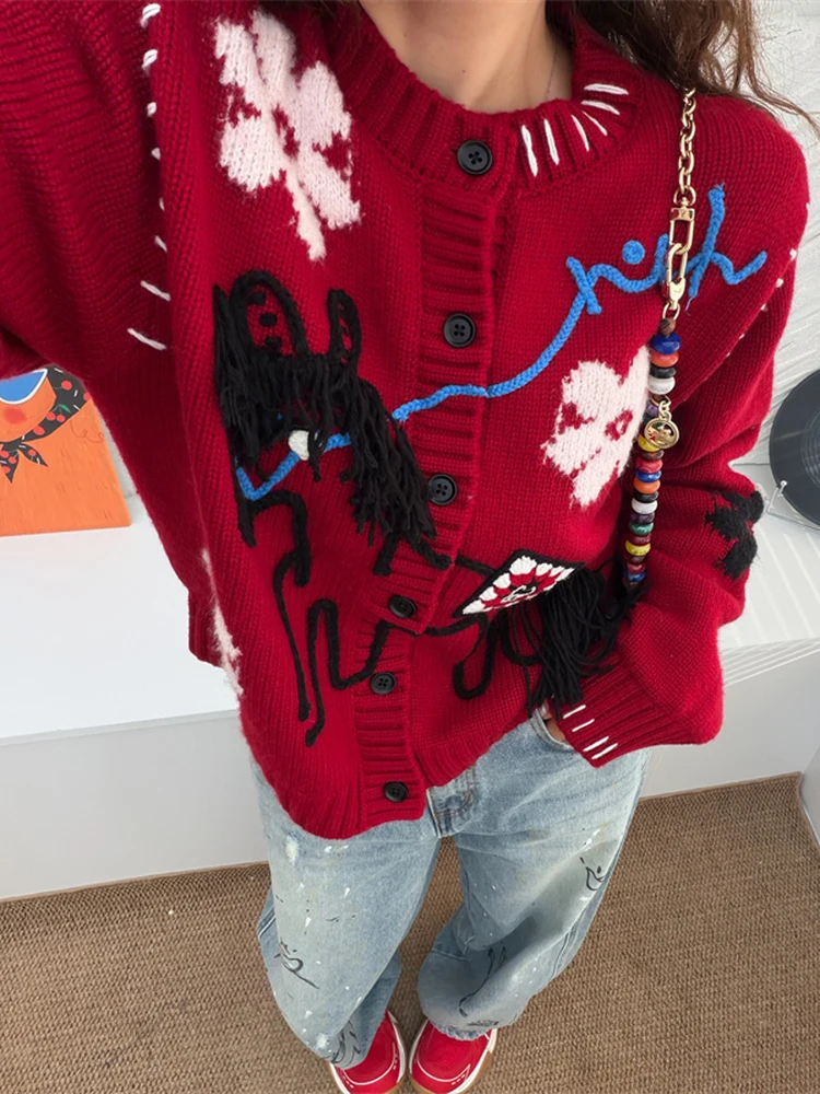 

Красное шерстяное вязаное пальто-свитер с бахромой и узором для женщин, винтажное, свободного кроя, с длинными рукавами и круглым вырезом