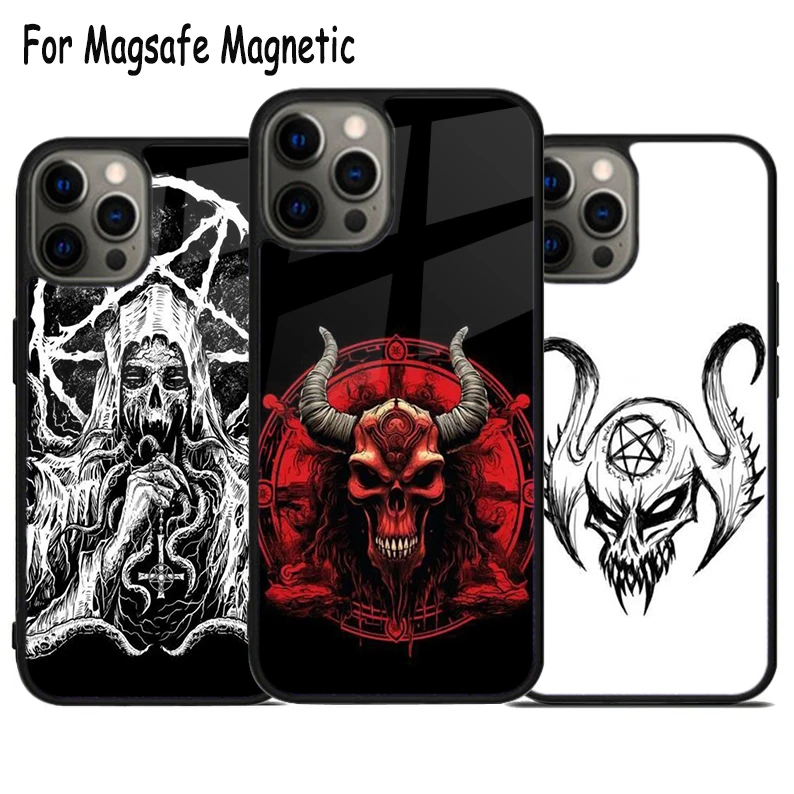 Satanic Scary Skull Wireless Charge Magsafe Phone Case For iPhone 15 16 14 13 11 12 Pro Max Plus Magnetic Bumper Cover