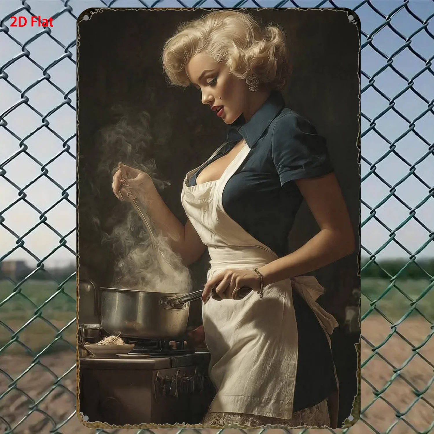 8x12in Vintage 1950s American Kitchen Art Blonde Chef with Pan Steam Metal Sign for Café Bathroom Bar Party Room Wall Decor G
