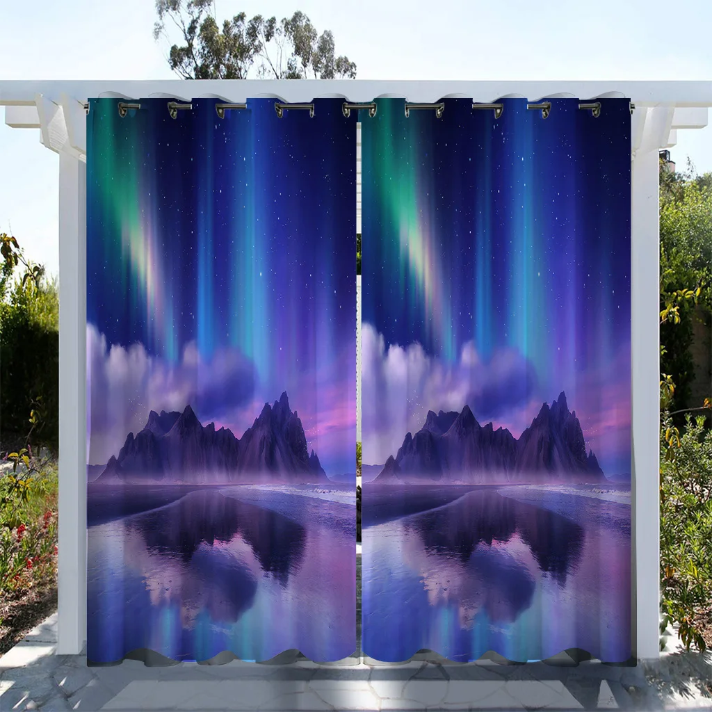 1PC Starry Aurora Waterproof Outdoor Curtain Light Filtering Polyester Garden Drape For Patio Porch Gazebo Decor Include Hook