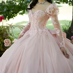 AA166 Customized Pink Quinceanera Dress Long Sleeves Applique Lace Sweet 16 14 Birthday Party Dress Prom Gown robes de soiree 15