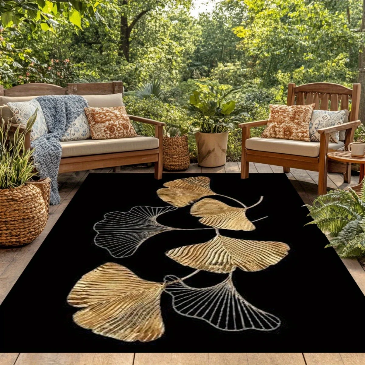 Flannel Printed Ginkgo Leaf Rug Gold and Silver Design Soft Fleece Outdoor Mat Garden Patio Carpet Nature Decor Rugs