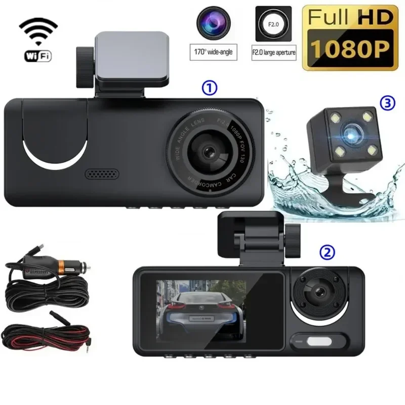 Dash Cam Car Camera Infrared Nightxision Black Box 2 Inches Dvr HD 1080P Dashcam 3 Channels Loop Recording IPS Screen G-Sensor