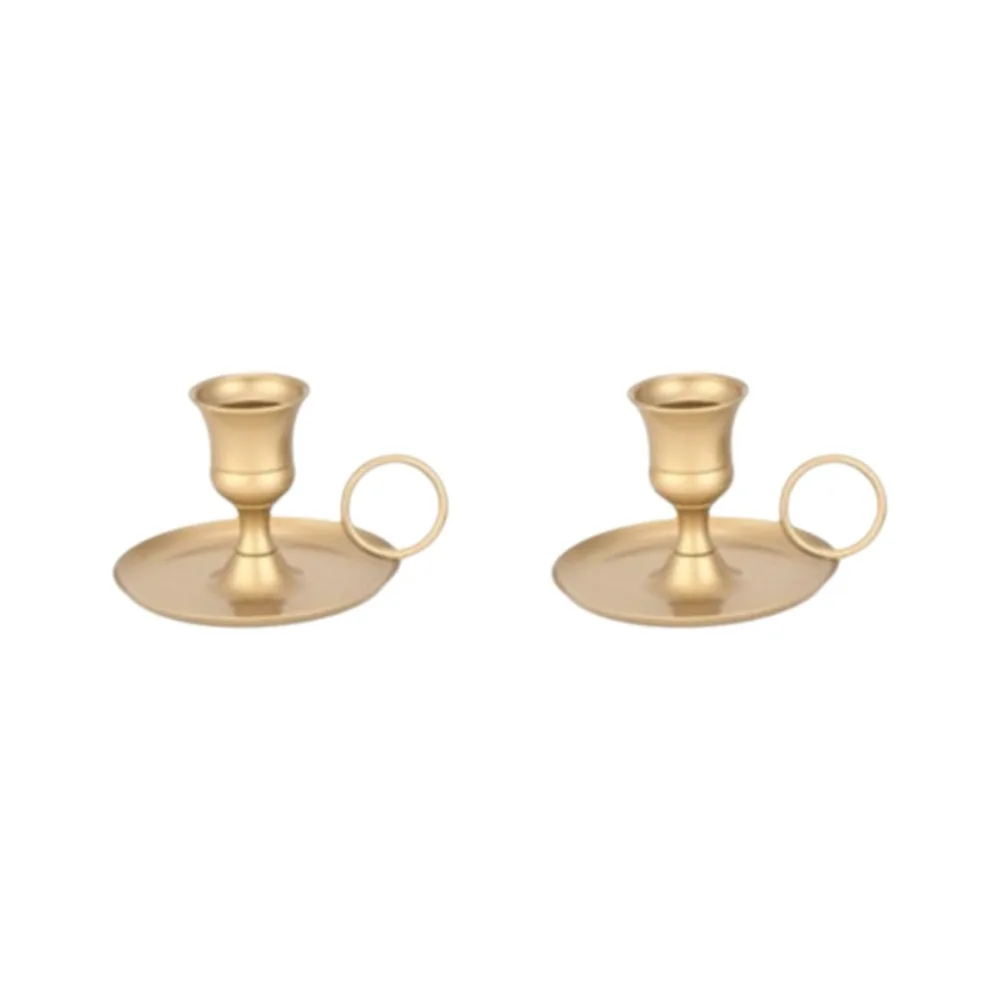 2 Piece Retro Handheld Metal Candle Holder European Style with Holding Ring Candle Stand Plated Desktop Candlestick Festive