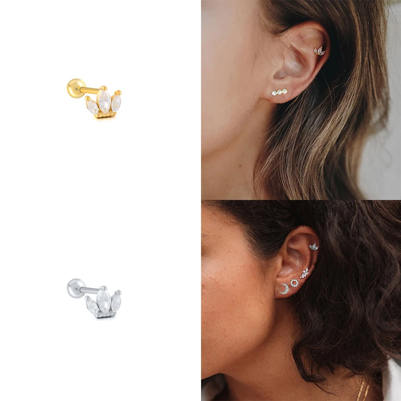 European and American 925 Sterling Silver Cute Zircon ear bone nail Mini Moon/Star Gold Silver color Piercing Jewelry