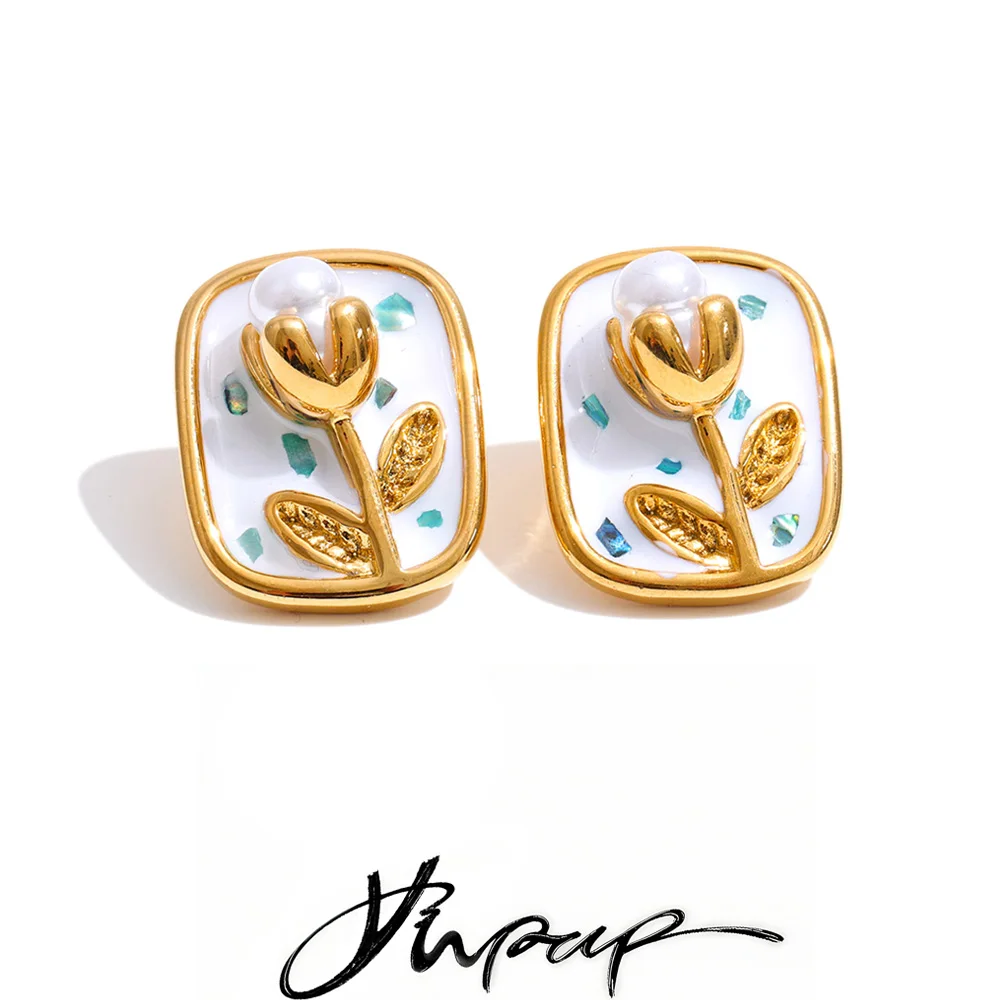 Boucles d'oreilles clous carrées Yhpup style français en acier inoxydable émaillé avec perles et fleurs, plaqué PVD couleur or tendance, bijoux attrayants