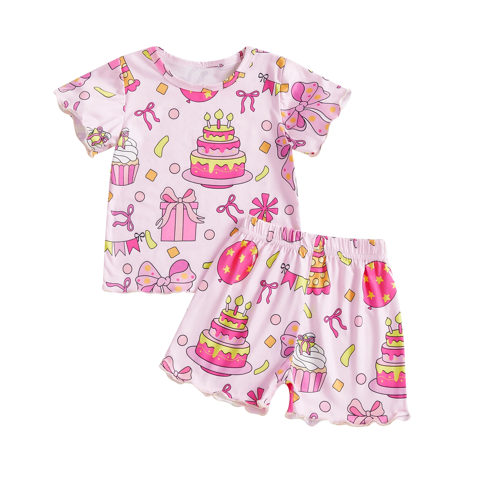 ملابس رائعة للفتيات الرضع مع قميص قصير الأكمام بتصميم كب كيك جميل وسروال قصير متطابق لحفلات أعياد الميلاد #2