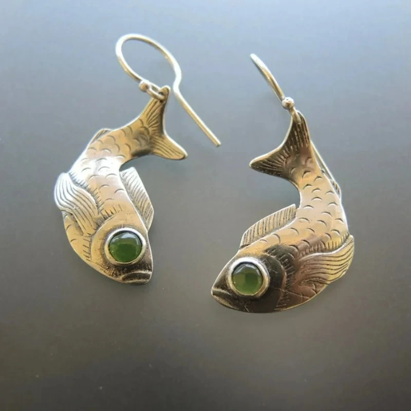 Charm Women Luxury Fish Animal Green Stone Drop Silver Color Earrings Party Jewelry Gifts