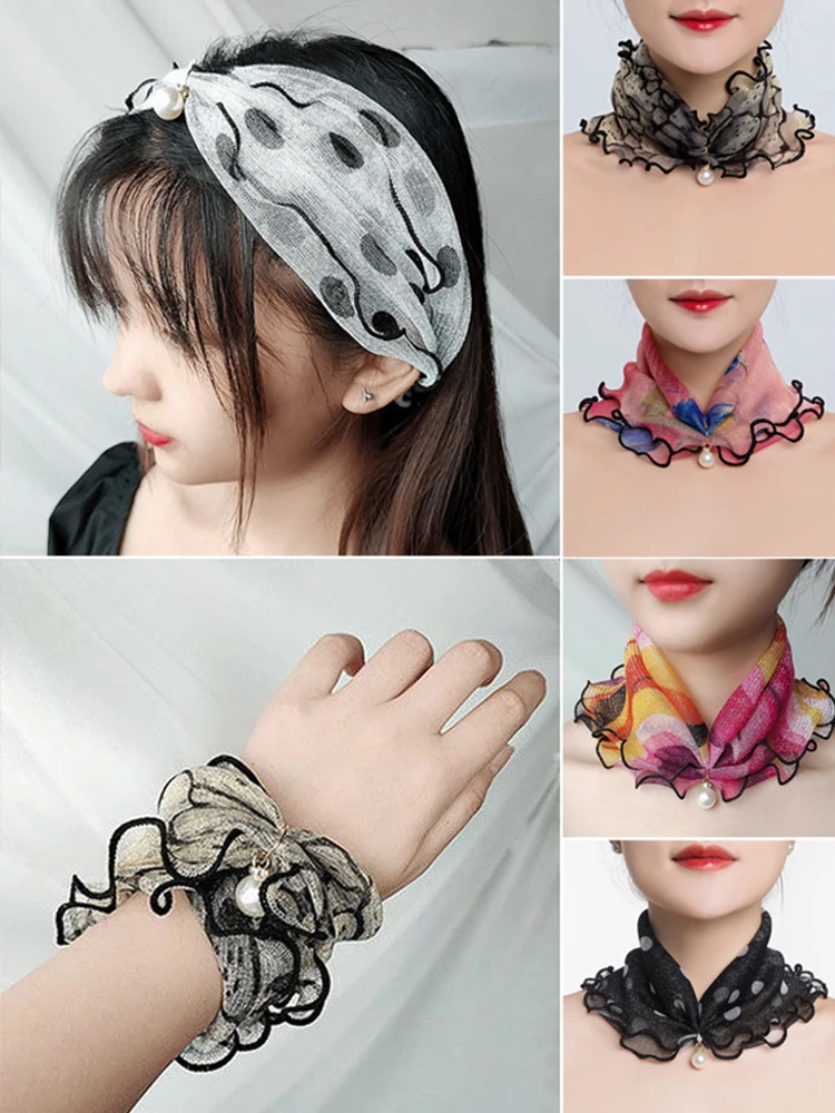 2023 New Fashion Neck Collar Print Shiny Variety Loop Scarf Ruffle Lace Scarf Beautiful Pearl Pendant Organza Chiffon Scarves