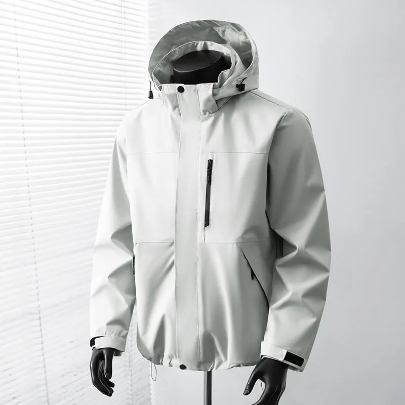 Men Waterproof Hooded Jacket Full Zip Adjustable Drawstring Hem Cuff Outdoor Hiking Camping Rain Wind Resistant Coat