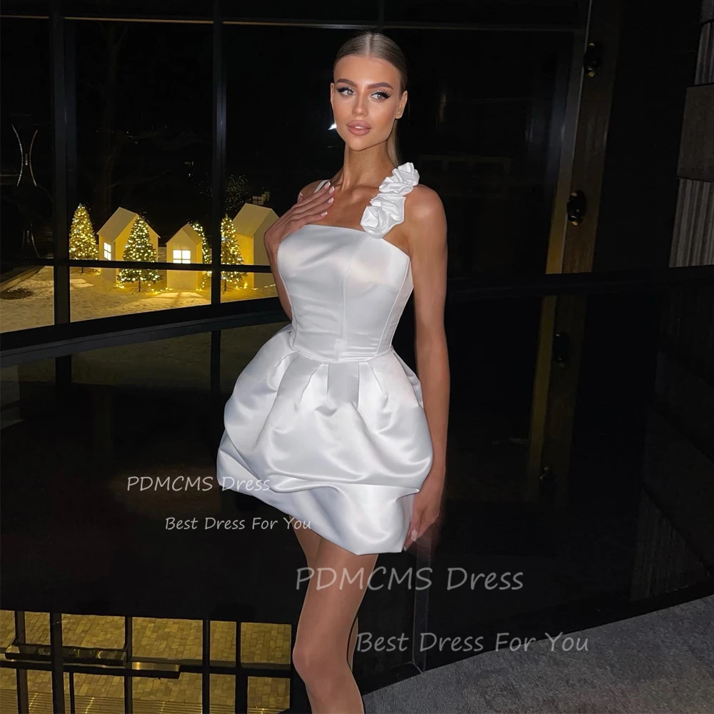 

Modern Short Wedding Party Dresses Flower Spaghetti Straps Ruched Puffy Satin Mini Sexy Prom Gowns Formal Cocktail Dress Bride