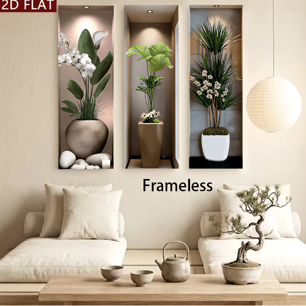 1 set of new Chinese Zen style green plant triple unframed wall stickers, modern minimalist living room entrance, self-adhesive
