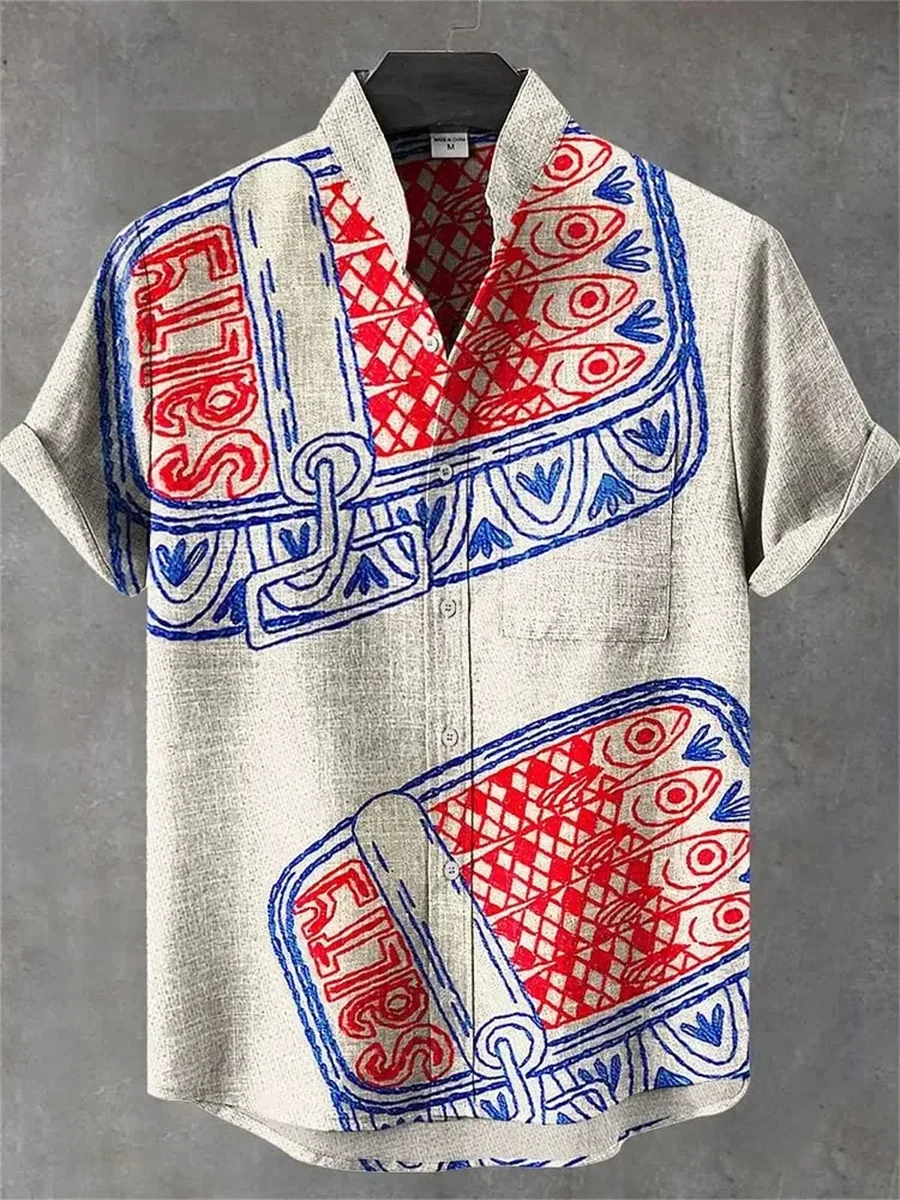 Men's irregular pattern printed short-sleeved shirt street trend retro linen 2025 new hot-selling tops men's fashion shirt