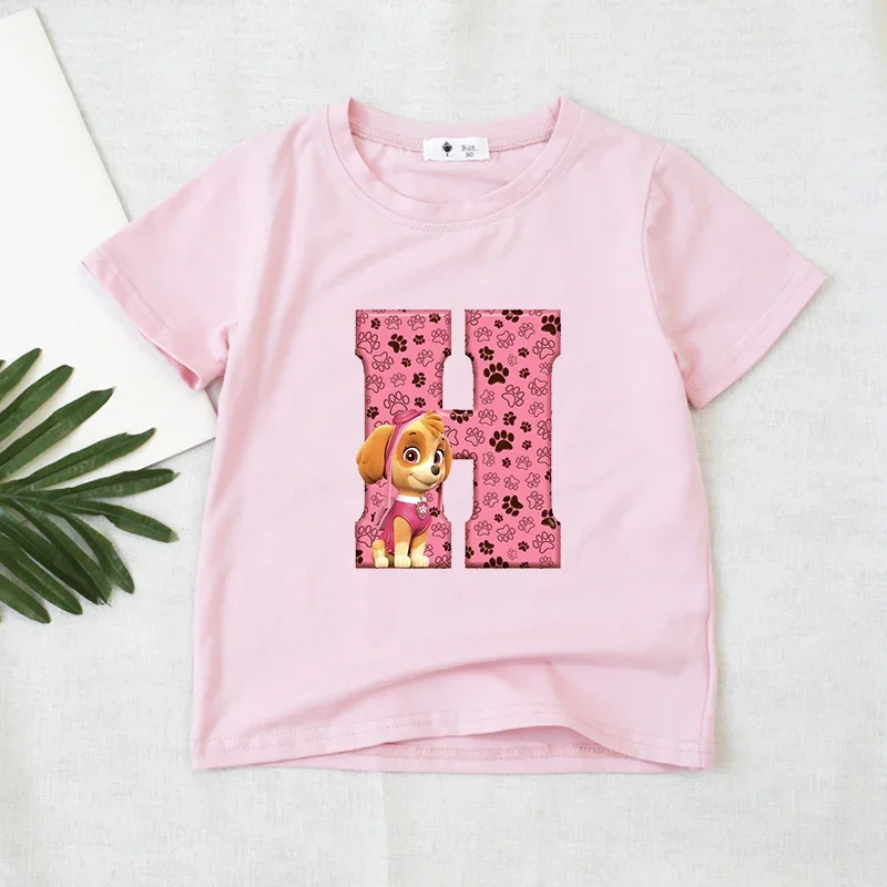 Paw Patrols Summer Kids Clothes Pink Baby Girl T Shirt Short Sleeve Cartoon Skye Letter Print Tops Toddler Tees Birthday Gifts view 6