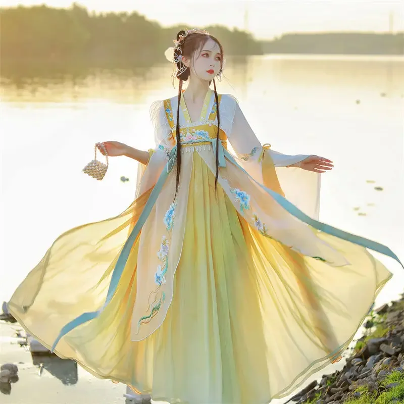 Vestido Hanfu de Hada dulce Vintage de estilo chino para mujer, trajes de princesa con bordado Floral elegante, conjuntos de batas de baile para escenario Cosplay