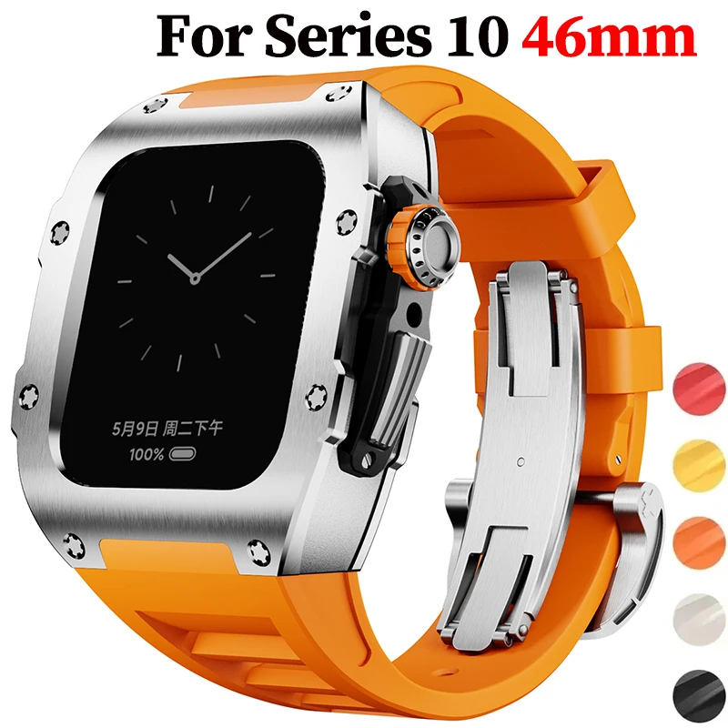 

НОВИНКА для Apple Watch series 10, 46 мм, защитный чехол из нержавеющей стали, роскошный комплект модификации, модный силиконовый ремешок для iWatch