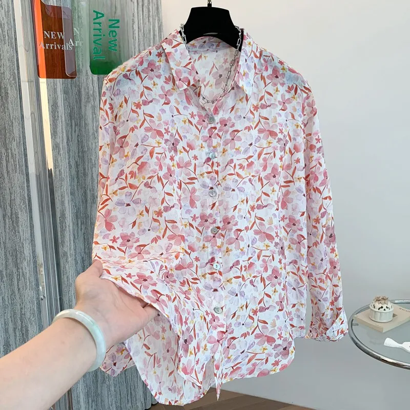 Retro Large Size Long Sve irt Women's Casual Printed Artistic Loose Fit Spring Autumn Top Fem Collar Regular Thi...