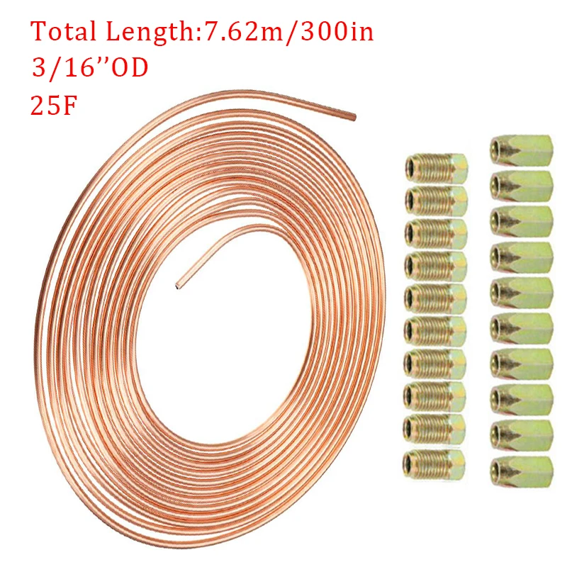 

20Pcs 7.62M Car Roll Tube Coil of 3/16"OD Steel Zinc Brake Pipe Hose Line Piping Tube Tubing Anti-rust WithTube Nuts Fittings