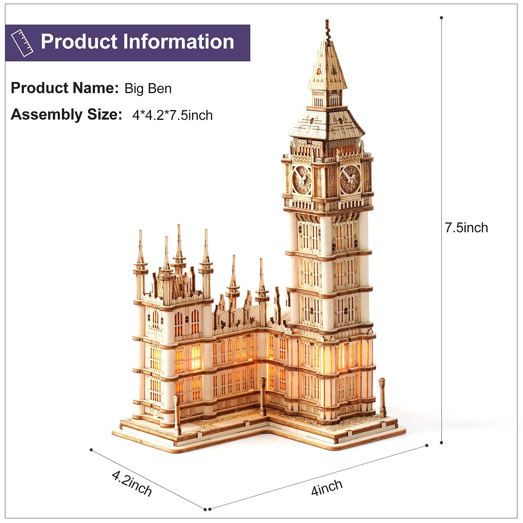 Robotime Rolife DIY 3D-Turmbrücke Big Ben Berühmtes Gebäude Holzpuzzlespiel Einfache Montage Spielzeug Geschenk für Kinder Teenager Erwachsene