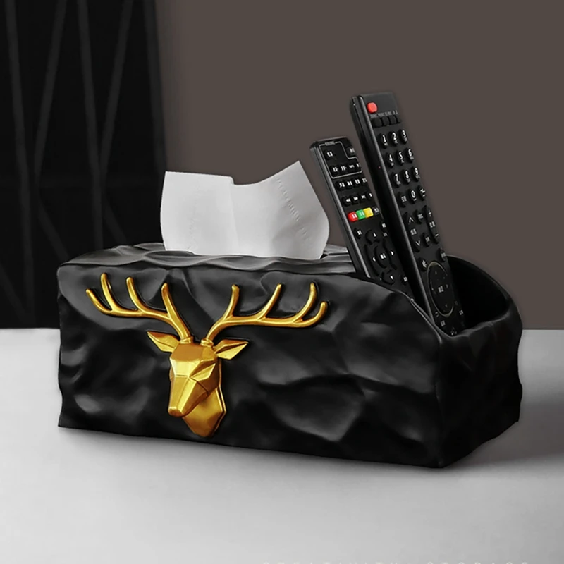 

European Resin Golden Deer Head Tissue Box Elk Pen Holder Desktop Napkin Storage Tissue Box For Offices Living Room