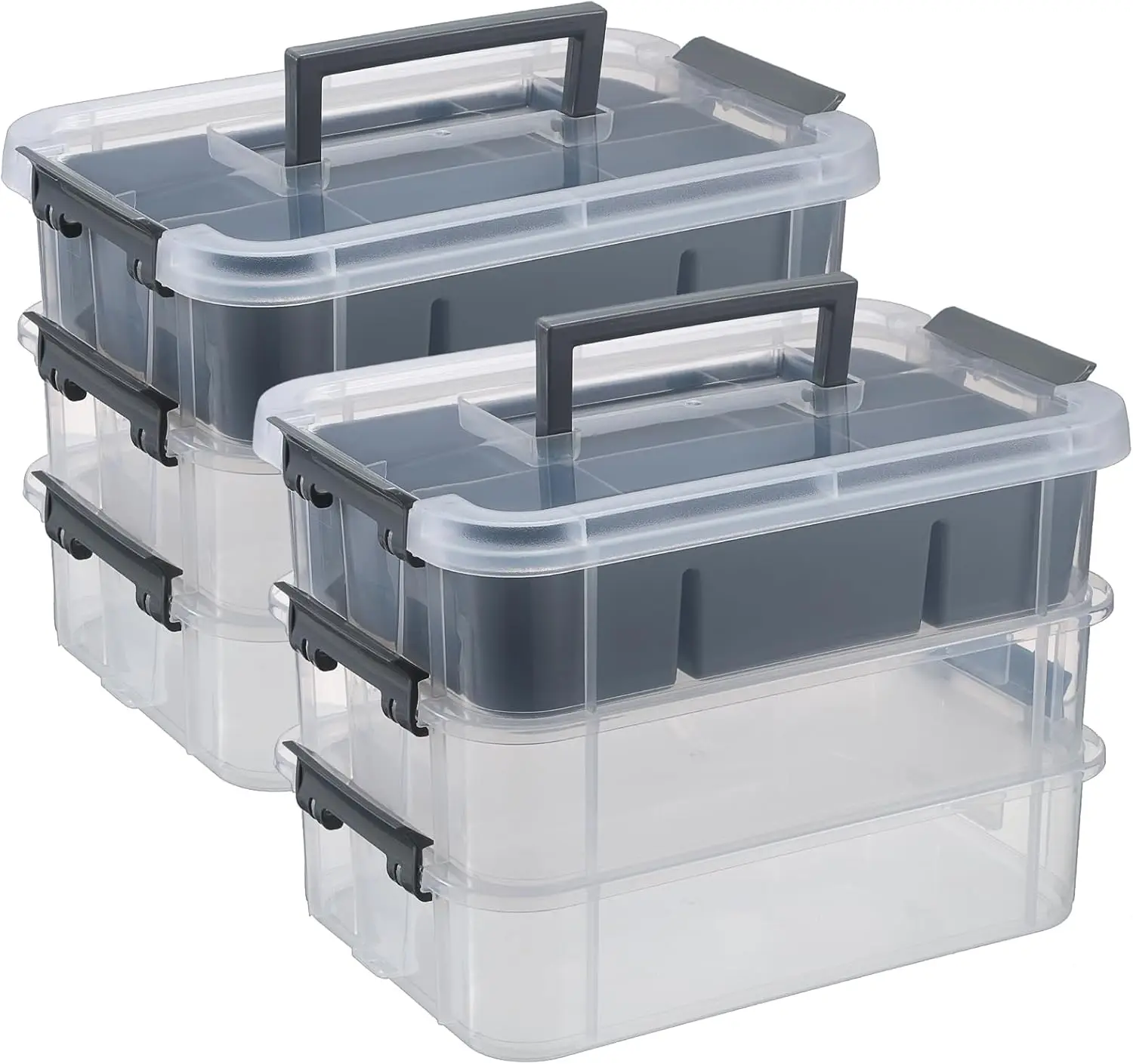 

2 Pack 3-Tiers Stack Carry Storage Box With Divided Tray, Transparent Stackable Storage Bin With