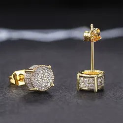 Gold-Color Round Ear Studs For Women Men Fashion Shiny Classic Rhinestone Stud Earrings Jewelry Gift