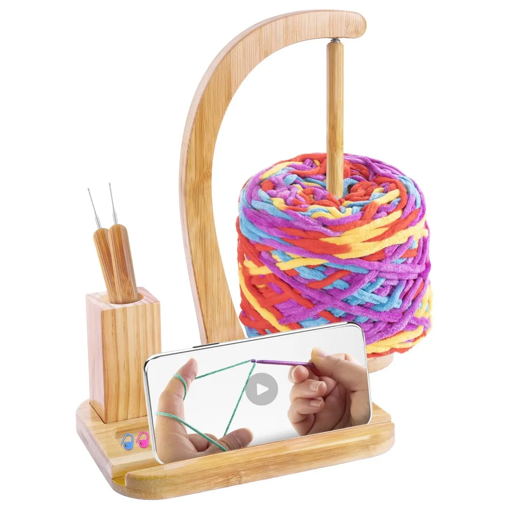 Wooden Yarn Holder for Crocheting Magnetic Rotation with Crochet Box Yarn Spinner Multi-functional Wool Yarn Winder