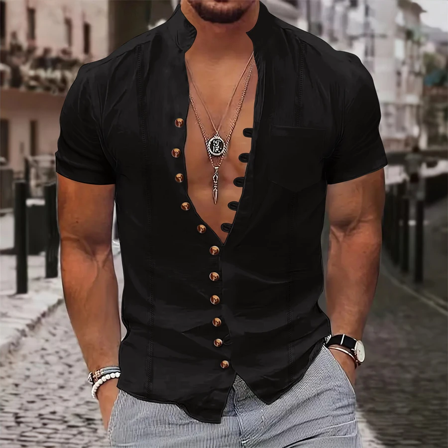 2024 summer Europe and the United States leisure men's vintage cotton hemp button-up collar short-sleeved shirt