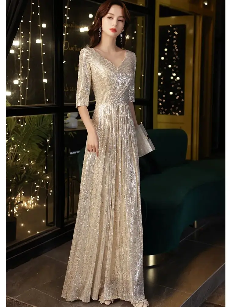 

Champagne Sequins Evening Dresses V-Neck Half Sleeve Floor Length Slim Formal Occasion Dress Fashion Women Banquet Party Gowns