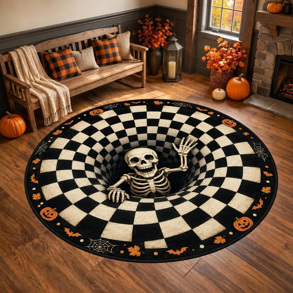 Halloween Corridor Kitchen Checkered Skull Mat Bedroom Bedside Vortex Carpet Living Room Sofa Back Door Round Rug Home Decor