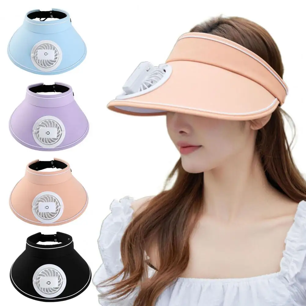 Outdoor Fan Sun Hat Women Adjustable Empty Top Anti-UV Sunscreen Large Brim Cooling Fan Beach Travel Sun Hat