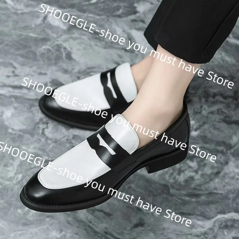 

Men's Casual Shoes Elegant Men Leather Shoes 2025 Spring New Black White Matching Color Round Toe Flat Classic Design Large Size