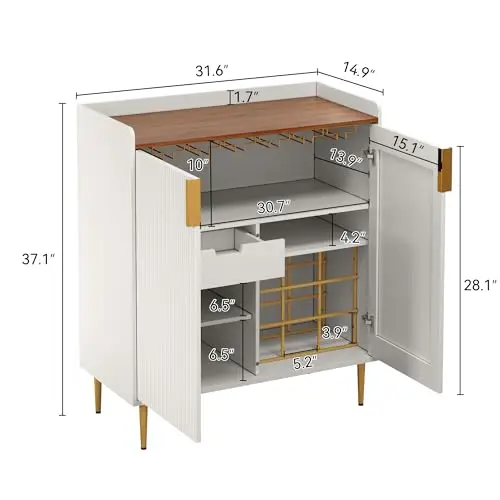 Wine Bar Cabinet with Fluted Texture, White | Modern Coffee Cabinet with Wine Rack&Glass Holder, Kitchen Buffet