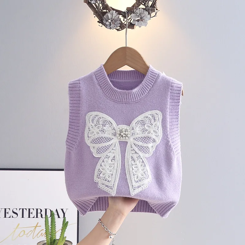 Girl Knitted Vest 2025 Spring Autumn Thin Outfit New Fashion Large Lace Butterfly-knot Little Girls Sleeveless Pullovers IY05271
