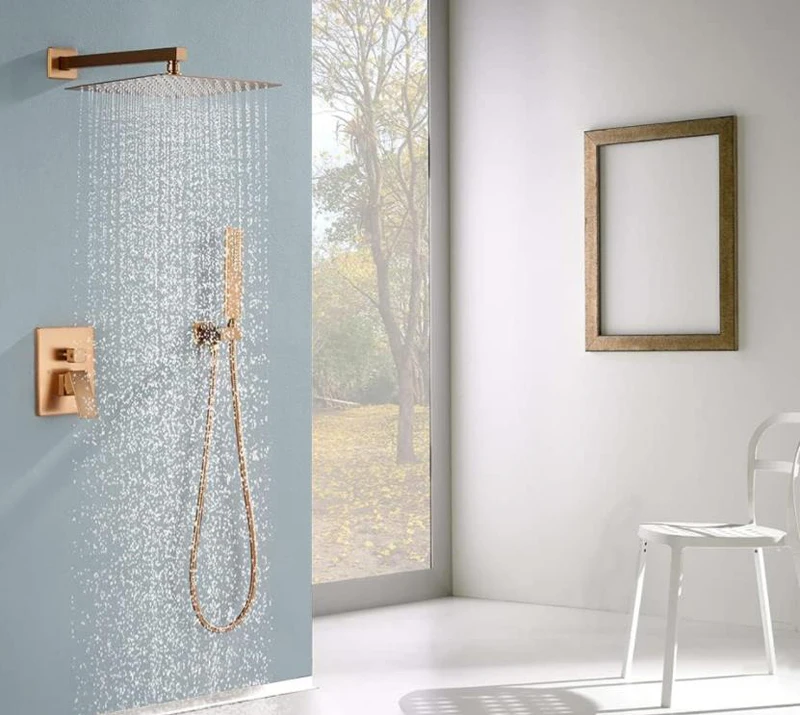 Brushed Rose Gold Shower Faucet Set Rainfall Bathroom Faucet Brass Diverter Mixer Tap Hand Held 10 inch  Head Wall Arm Valve Kit