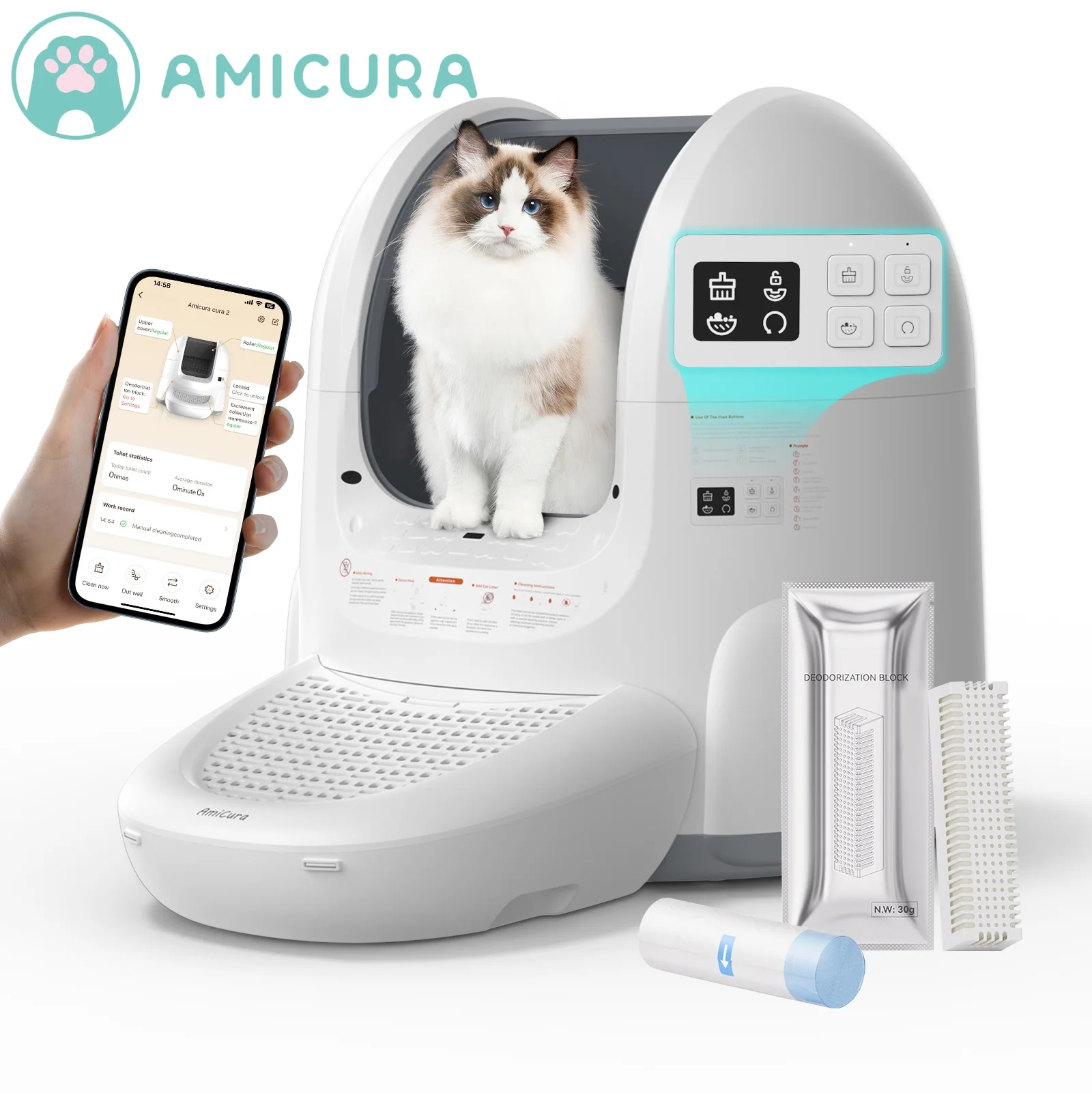 Amicura Cura 2 bac à litière pour chat détection à 360 degrés toilettes pour chat autonettoyantes intelligentes Anti-piège App contrôle 65L Anti-odeur