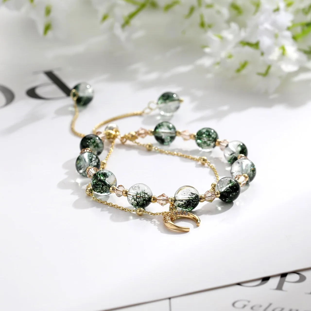 Natural Green Ghost Crystal Bracelet for Women Popular Double Layer Micro Set Zircon Moon Beads Best Friend Jewelry Gifts