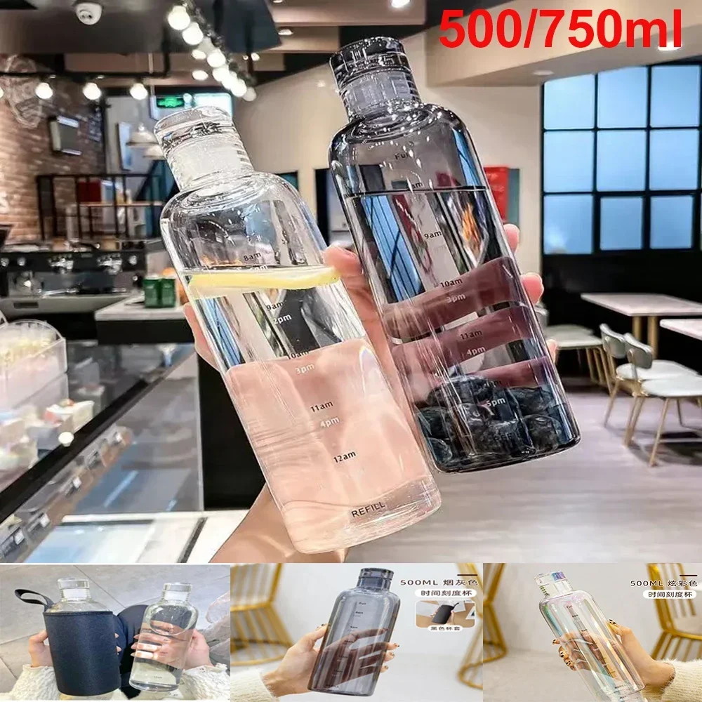 

Newest Transparent With Time Scale Water Bottle Couple Plastic Portable Water Container Leakproof Drop-Resistant Plastic Cup