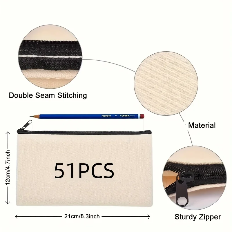 

51pcs Canvas Zipper Bags Multifunctional Blank DIY Craft Pouches Pencil Bags Case Pouch for Home School Travel Tote Bag for Cosm