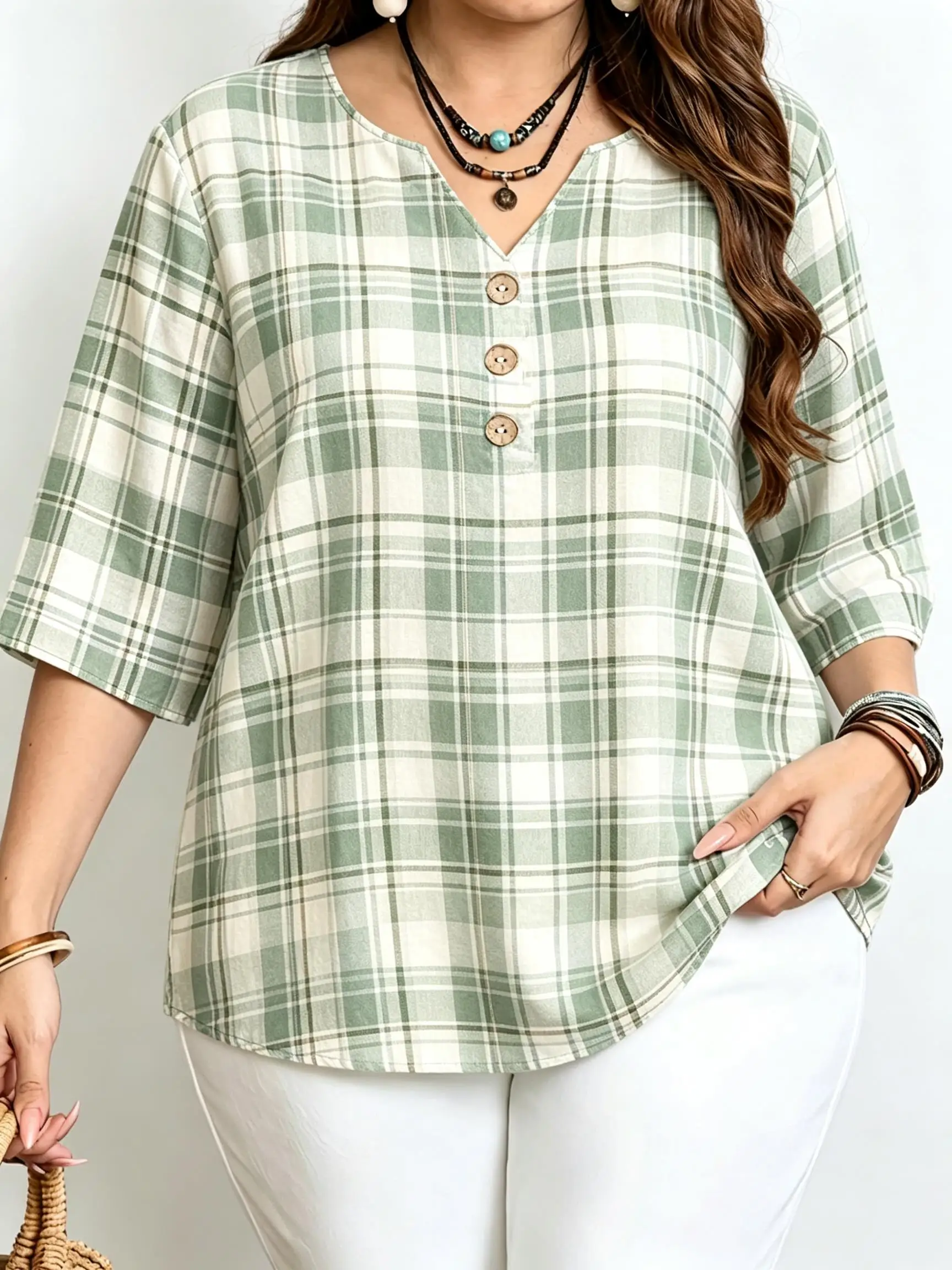 Classic Plaid Blouses Notch Split V Neck Wooden Buttons 3/4 Sleeve Loose Plus Size Women Light Daily Casual Tunic Shirts