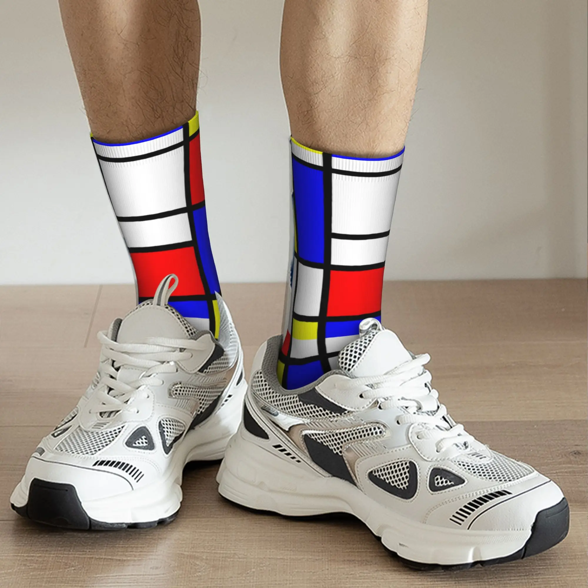 Custom Geometric Modern Mondrian Dress Socks for Men Women Warm Fashion Color Art Plaid Crew Socks view 5
