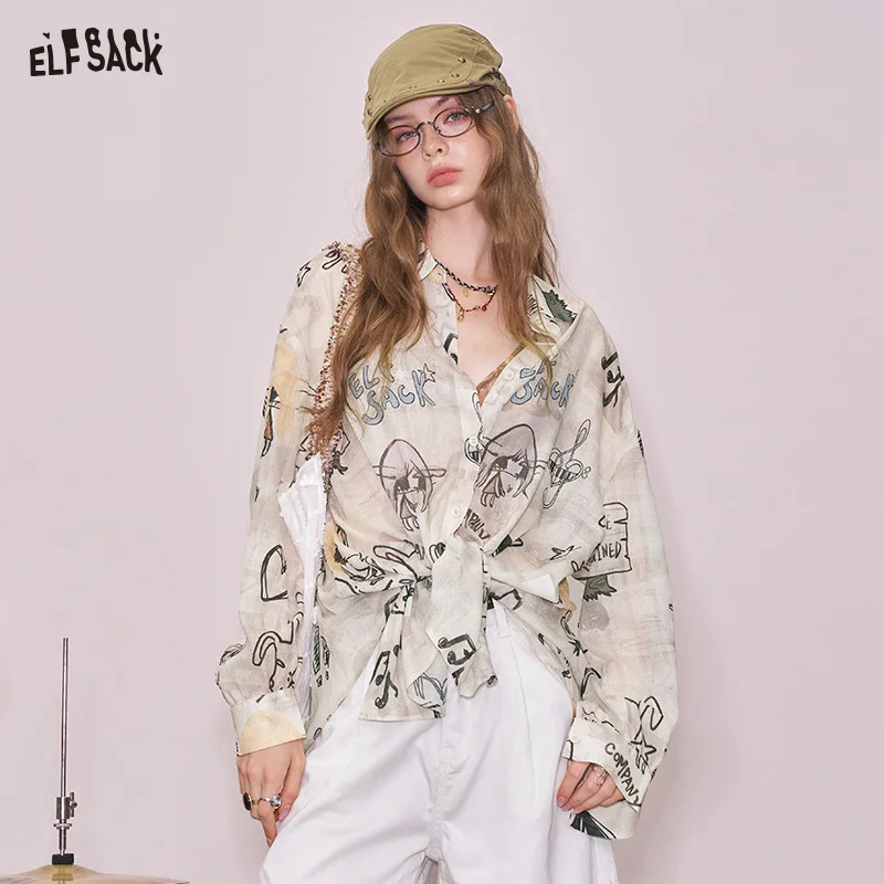 

ELFSACK 2025 Summer New Arrival Casual Cool Original Full Print Loose Lace Shirt For Woman