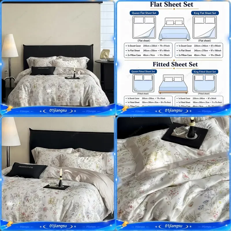 High Count Lyocell Bedding Set Silky Cooling Luxury Duvet Cover Sheet Pillowcases 4Pcs Floral Botanical Print Soft Breathable
