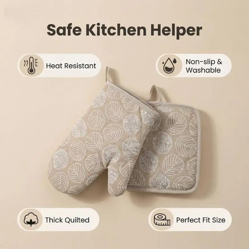 2IN1 Leaf Pattern Heat Resistant Oven Mittens Pot Holder Microwave Baking Cooking Heat Protection Gloves