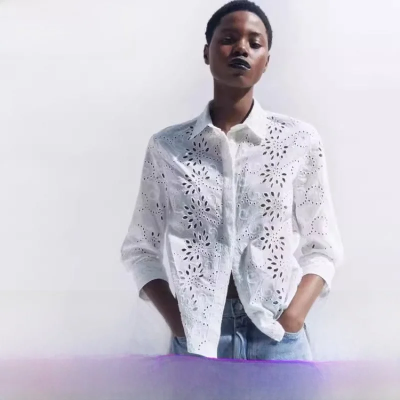 

Spring 2025 New Women's Faionable Hollow out Embroidery Versatile irt ZW Series Polyester Fiber Long Sve Anti-Stain